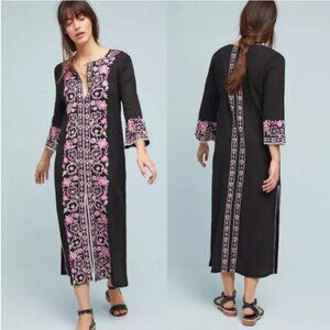 Misa Los Angeles Black And Pink Embroidered Cotton Caftan Dress Size XS